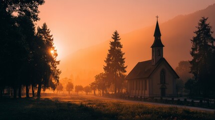 Fototapeta premium Morning light shines on a church in a valley surrounded by trees and mountains at sunrise