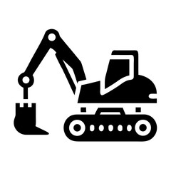 Naklejka premium Black Backhoe Icon on White Background: Construction Machine for Digging, Earthmoving, and Heavy Industry Use