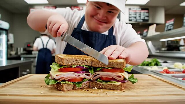 A Person Expertly Crafts a Delicious Sandwich with Fresh Ingredients in a Kitchen Environment
