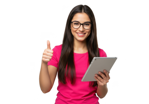 Young woman with glasses holding tablet and giving thumbs up isolated on transparent background - Powered by Adobe