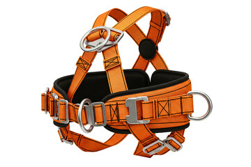 Orange industrial safety harness for construction worker protection isolated with transparent background
