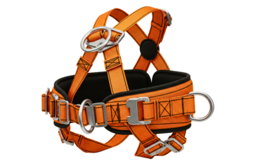 Orange industrial safety harness for construction worker protection isolated with transparent background