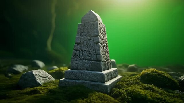 Stone Obelisk With Carvings on Mossy Hill Under Bright Green Light