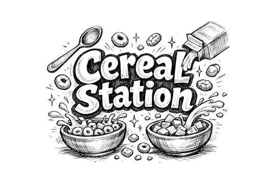 Cereal station hand drawn design with spoon and splashing milk