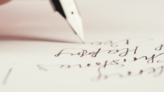 Fountain pen write letter, document sign on an antique handwritten letter. Vintage nib pen and handwritten english cursive style font copperplate, spencerian. Old history background. Retro style.