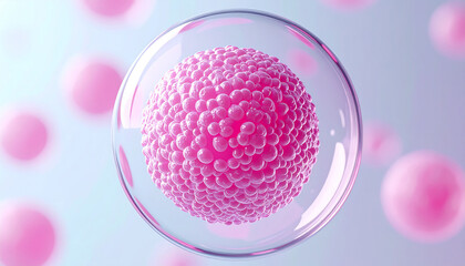 Pink spherical cell with textured surfac inside transparent bubble, biological or medical process