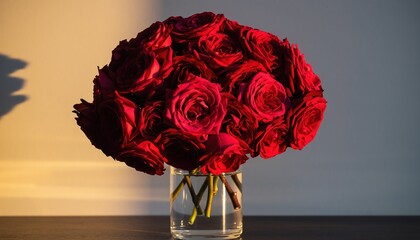 Bouquet of red roses in a glass vase on a table with soft light in the background