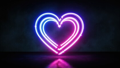 Neon heart sign in bright colors shining against dark background at night in urban setting
