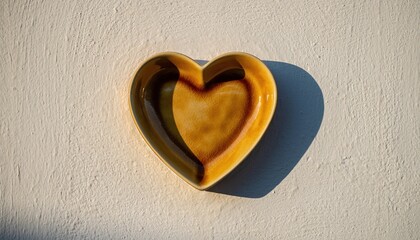Ceramic heart shaped dish placed on white wall during daylight showcasing its shape and design