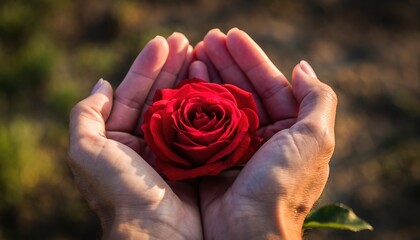 Hands holding a red rose in a natural setting during daylight