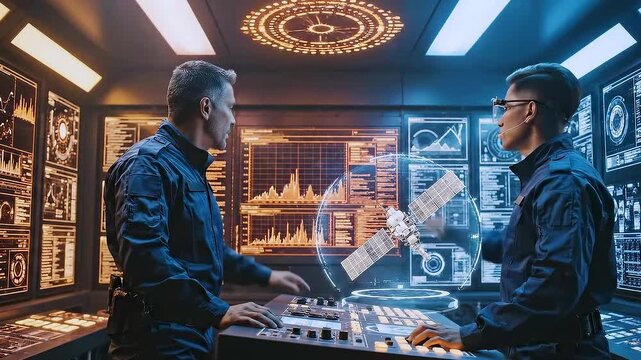 Control team argues amid flashing systems, Crew conflicts over holographic display during emergency crisis, Dispute between commander and technician over tactical interface during critical moment