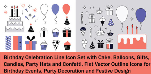 Birthday Celebration Line Icon Set with Cake, Balloons, Gifts, Candles, Party Hats and Confetti, Flat Vector Outline Icons for Birthday Events, Party Decoration and Festive Design