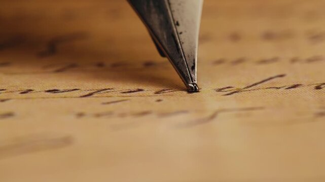 Fountain pen write letter, document sign on an antique handwritten letter. Vintage nib pen and handwritten english cursive style font copperplate, spencerian. Old history background. Retro style.