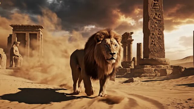 Majestic Lion Roams Ancient Ruins Landscape.