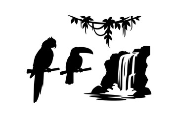 Obraz premium Jungle silhouette: parrots and tropical waterfall scene