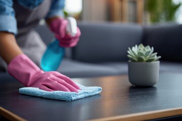 Close-up of hand in pink glove wiping dark wood coffee table with blue microfiber cloth.
