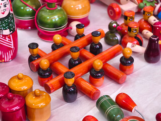 Traditional handmade Colorful toys made from wood, wooden toys, family, selective focus.