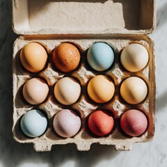 Colorful eggs arranged in a carton on a light surface during daylight