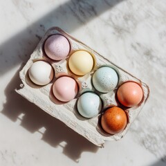 Colorful eggs arranged in an egg carton on a marble surface in bright natural light