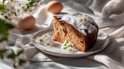 Freshly baked cake on a plate with flowers and eggs nearby, set on a table with a cloth in natural light