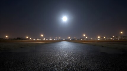 Fototapeta premium Bright moon illuminates an empty runway at night with distant city lights