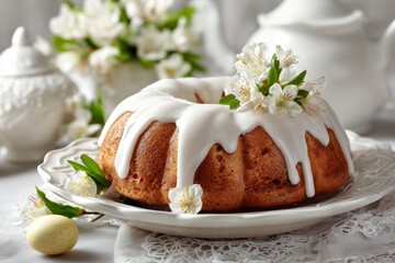 Elegant cake with icing and flowers on plate with decorative items in a soft setting during springtime