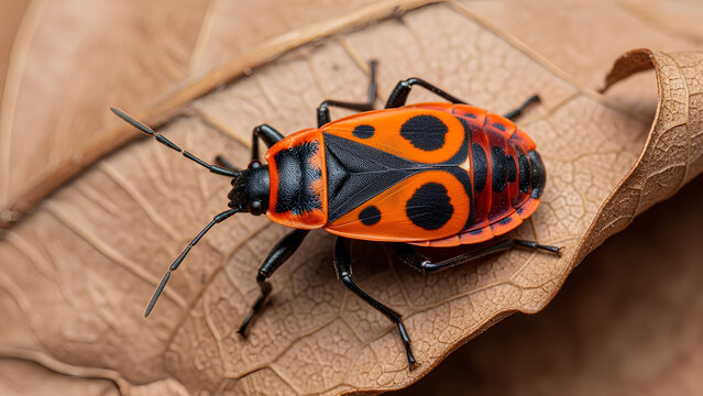 Vibrant orange and black boxelder bug on dry leaf close-up