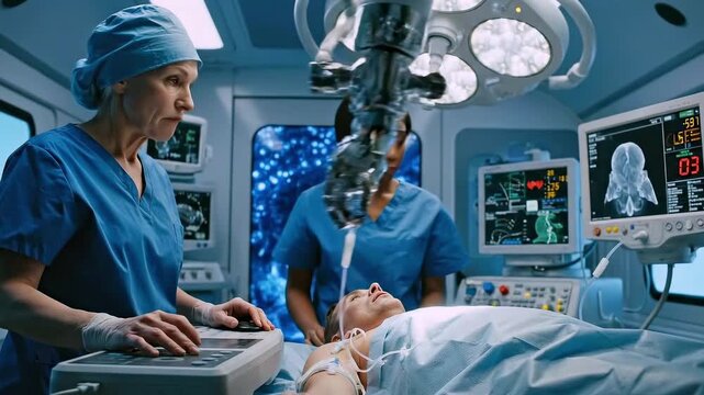 Surgical team using robotic arm and advanced imaging for delicate neurosurgery on patient, close coordination between lead surgeon and assistant under focused operating lights and monitoring systems