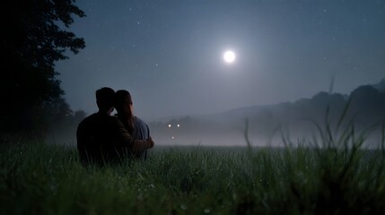 A couple embraces in a grassy field gazing at the moonlit starry night sky above a misty landscape