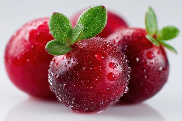 Isolated red cranberries with foliage in soft studio lighting, macro close-up still life