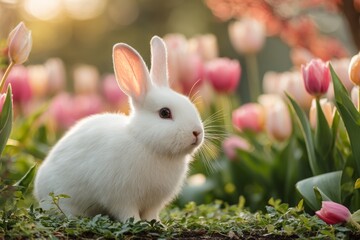 Rabbit sitting among colorful tulips in a garden during springtime in the afternoon sun