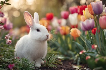 White rabbit sitting among colorful tulips and flowers in a garden during springtime