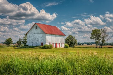 Large white barn with red trim in a sunny rural landscape