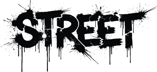 Obraz premium Black street text with paint splatters and drips on white background word