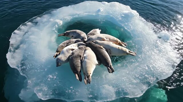 Seals Resting on Iceberg in Ocean Waters.