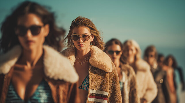 A detailed scene capturing two stylish travel buddies: blonde and brunette friends modeling winter fashion - scarves, coats, hats, glasses (sunglasses, goggles) accessorized with necklaces, posing.