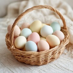 Colorful eggs placed in a basket on a light fabric background during spring season