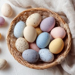 Colorful eggs arranged in a woven basket on a light surface during spring season preparation