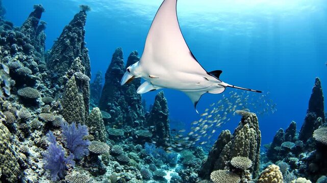 Manta Ray Swimming in Coral Reef Ocean.
