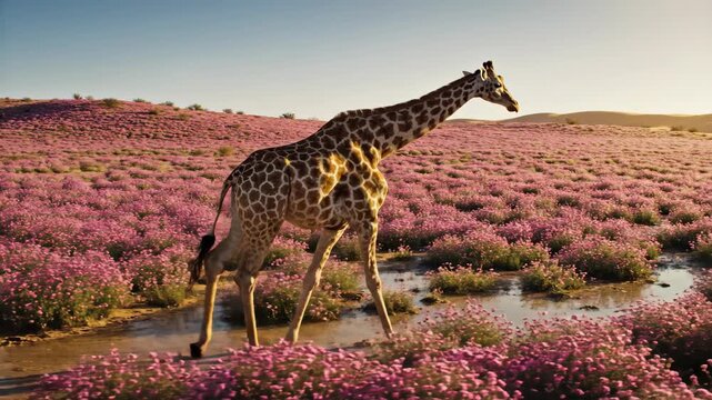 Giraffe Walking Through Field of Pink Flowers.