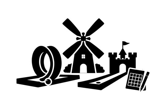 Silhouette mini golf course design with windmill and castle obstacles