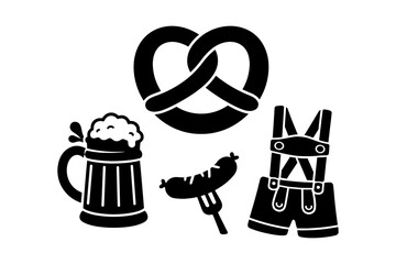 Obraz premium Festive oktoberfest symbols: beer mug, pretzel, sausage, and lederhosen in bold silhouettes