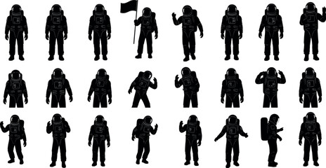 Large set of astronaut silhouettes in various poses and actions including walking waving and holding flag for space exploration design © Natasha Laura 