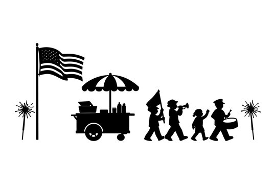Silhouette parade with vintage food cart and patriotic elements