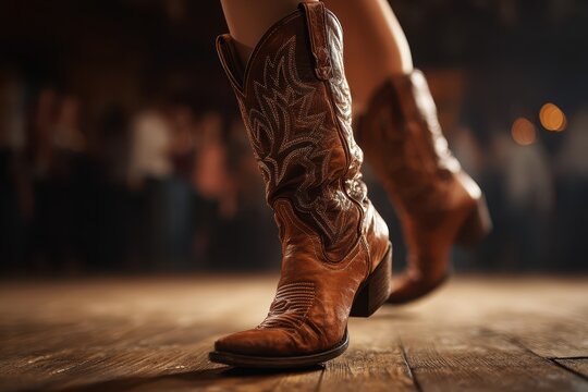 Line dancing legs in brown cowboy boots on a wooden floor, warm lighting capturing rhythm and movement