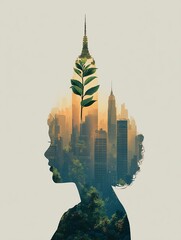 Eco-Minded Cityscape: Human Silhouette Merged with Nature and Urban Growth