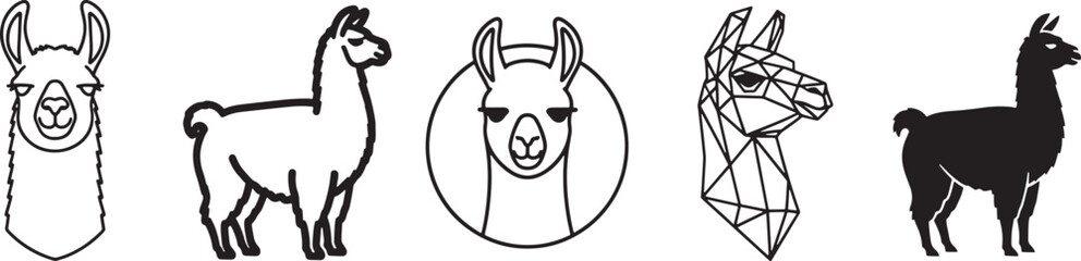 Obraz premium A collection of five different llama illustrations including geometric, silhouette, and outline styles Vector