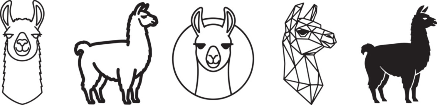 A collection of five different llama illustrations including geometric, silhouette, and outline styles Vector