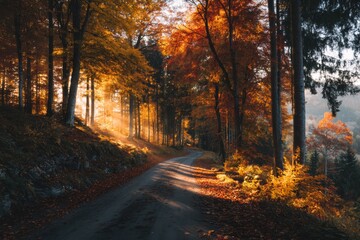 Golden sunlight shines through trees in an autumn forest along a winding dirt road at sunset