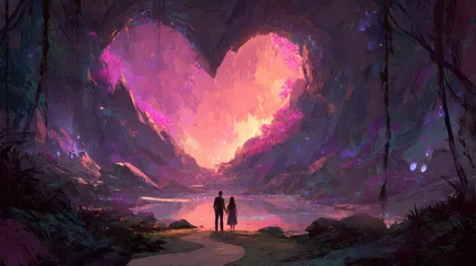 Foto auf Acrylglas Aubergine Lovers at the Heart-Shaped Cavern: A dreamlike fantasy landscape with a couple exploring a glowing cave entrance  © Vlad